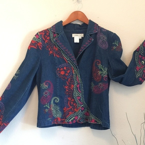 Coldwater Creek Vintage Embroidered Denim Jean Jacket Paisley Floral Petite XS - Picture 1 of 8